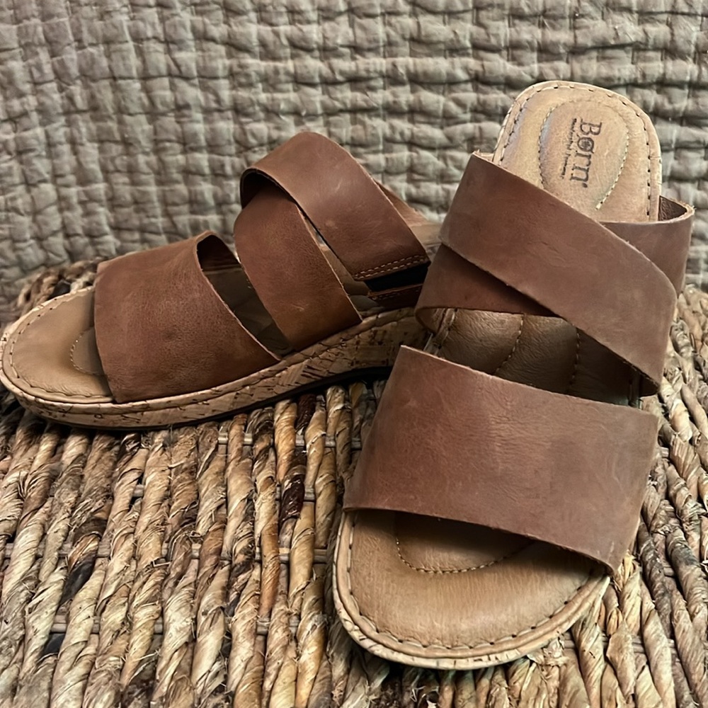 Born: Leather Slide Wedge Sandals: Brown/Tan: Size 9